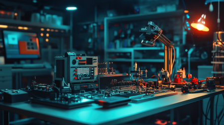 A well-equipped laboratory workspace features advanced electronic devices and tools on a table, illuminated by moody lighting, perfect for engineering and research projects.の素材