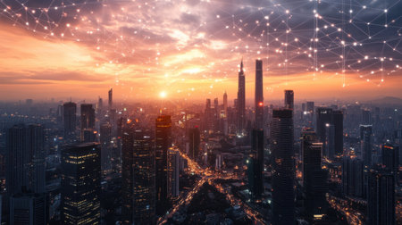 A breathtaking view of a modern city skyline at sunset, enhanced with digital connections, showcasing the intersection of technology and urban life.の素材