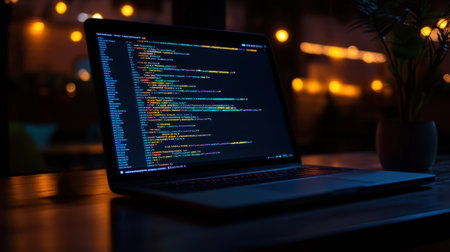 A vibrant display of colorful code on a laptop emphasizes the artistry of programming in a cozy, dimly lit workspace adorned with warm lights.の素材