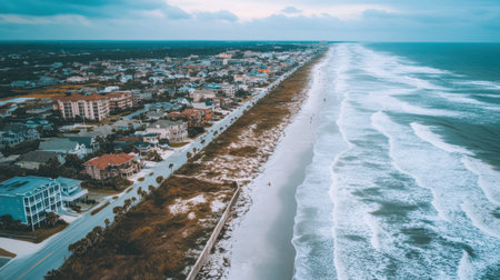 A captivating aerial view showcasing a coastal beach with gentle waves lapping against the sandy shore amid a residential area under a cloudy sky.の素材