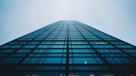 This image captures a striking modern skyscraper with a glass facade, towering into a cloudy sky, showcasing contemporary architecture in an urban setting.の素材