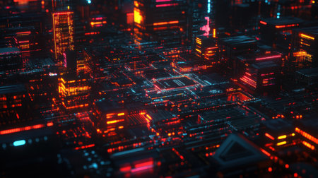 Explore a stunning futuristic cityscape illuminated by vibrant neon lights, showcasing intricate digital structures that evoke a sense of modern technology and innovation.の素材
