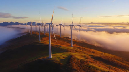 Experience a breathtaking aerial view of wind turbines standing tall on a hillside at sunrise, surrounded by a serene blanket of fog and beauty in nature.の素材