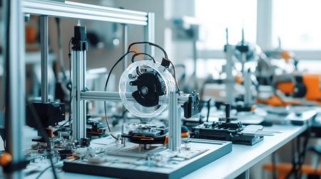 Explore a modern technology lab featuring advanced 3D printers and robotics equipment, fostering creativity and innovation in the field of research and development.の素材