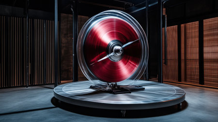 This image captures a modern spinning wheel in an artistic indoor space, highlighting the interplay of motion, design, and technology in a minimalist setting.の素材