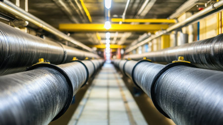 A close-up view of large industrial pipes in a modern facility, showcasing the infrastructure with bright lighting and a focus on engineering design.の素材