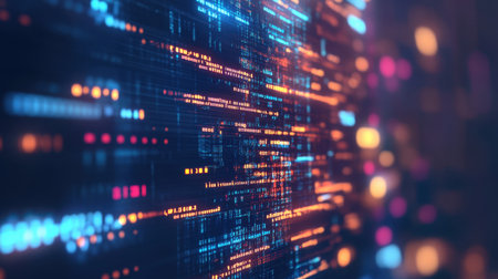 This abstract digital background showcases glowing data streams and colorful light patterns, symbolizing innovation and technology in a futuristic setting.の素材