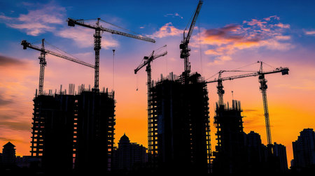 A stunning silhouette of a construction site framed against a vibrant sunset sky, featuring cranes and emerging buildings, symbolizing urban growth and innovation.の素材
