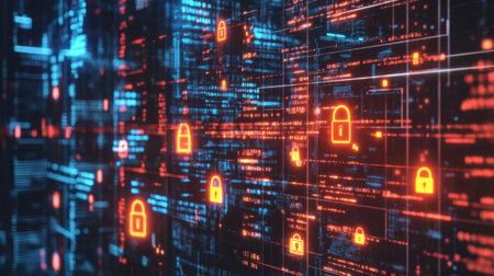 This striking image showcases a digital landscape filled with blue data streams and glowing red padlocks, symbolizing modern cybersecurity and data protection themes.の素材