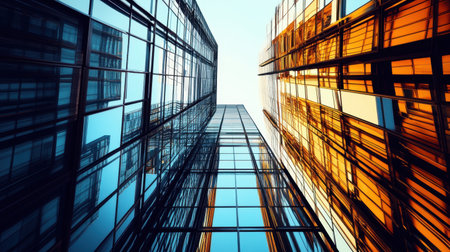 Captivating view of modern skyscrapers showcasing reflective glass surfaces and vibrant sunlight, emphasizing the dynamic interaction of architecture and urban life.の素材