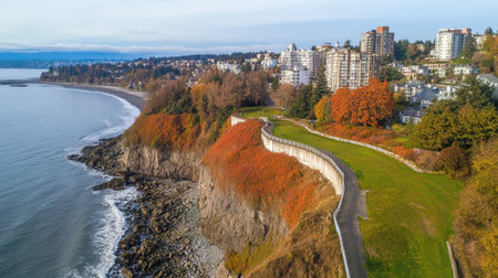This stunning aerial image showcases a cliffside park adorned in vibrant autumn colors, with the ocean waves gently lapping at the rocky shoreline beneath a clear sky.の素材