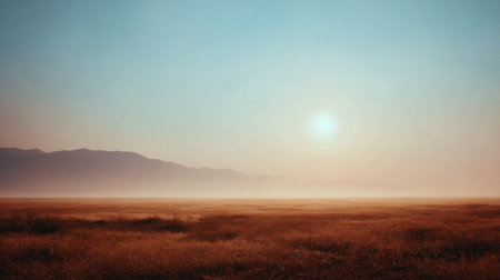 This captivating image showcases a tranquil landscape at dusk, featuring a golden field under a serene sky. The fading sunlight casts a gentle glow over distant mountains, creating a harmonious atmosphere.の素材