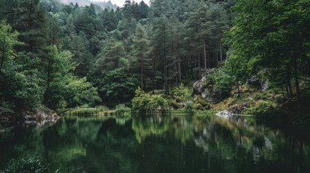 A tranquil forest scene featuring calm water reflecting lush trees on an overcast day. This picturesque landscape offers a serene escape into nature and perfect for relaxation.の素材