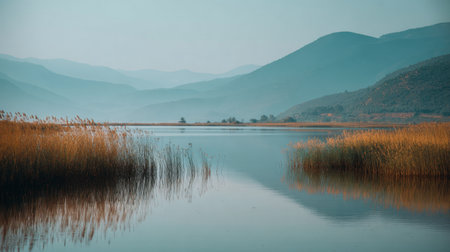 A stunning landscape captures the serene beauty of a tranquil lake, with reflected mountains and golden reeds under a soft blue sky during dawn or dusk.の素材