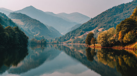 A stunning mountain landscape showcasing a calm lake reflecting the surrounding peaks and forests, creating a tranquil and serene atmosphere for nature lovers.の素材