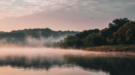 A tranquil early morning scene showcases mist curling above calm waters, framed by a lush green forest and soft clouds in the sky, evoking peace and serenity.の素材