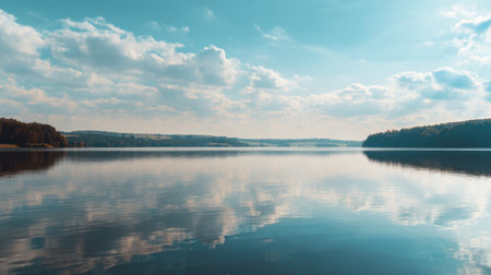 A stunning view of a tranquil lake reflecting a clear blue sky filled with soft clouds, surrounded by lush greenery, embodying peace and natural beauty.の素材