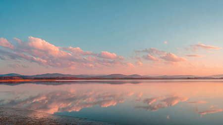 A stunning sunset casts vibrant colors over a calm lake, perfectly reflecting fluffy clouds and distant mountains, creating a serene and picturesque natural landscape.の素材