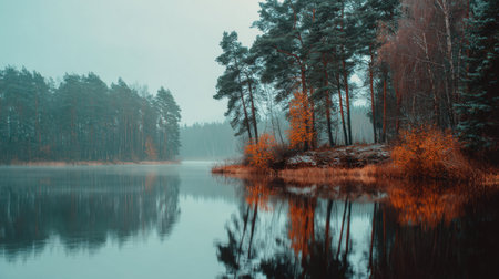 A tranquil lakeside view showcasing towering pine trees and vibrant autumn colors, enveloped in morning mist. This serene landscape inspires relaxation and peace.の素材