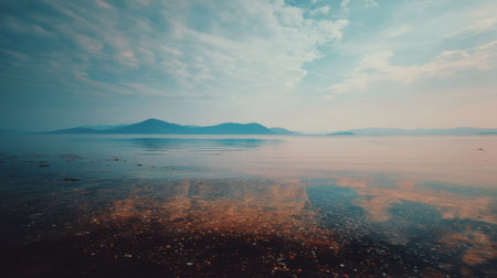 A breathtaking coastal view capturing the gentle interplay of calm waters, distant mountains, and a soft blue sky, evoking a sense of peace and tranquility in nature.の素材