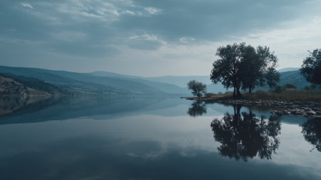 A tranquil lake scene at dusk, featuring calm waters reflecting trees and mountains under cloudy skies, evoking a peaceful atmosphere perfect for nature lovers.の素材