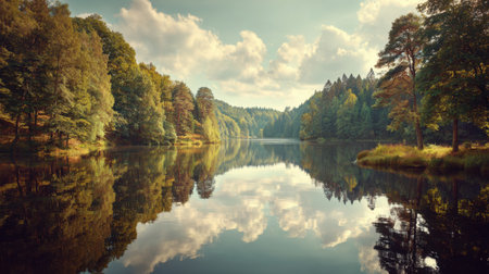 Beautiful tranquil lake reflects stunning trees and clouds, creating a perfect serene scene for nature lovers. Ideal for outdoor adventures and relaxation.の素材