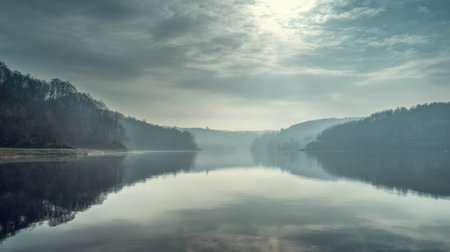 A tranquil lake shrouded in mist presents a stunning landscape with calm water reflecting the soft light and trees, creating a serene and peaceful atmosphere.の素材