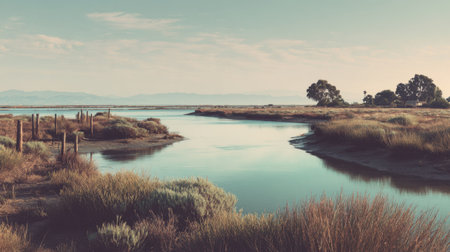 A peaceful river flows through a lush landscape, surrounded by greenery under a soft sky, creating an ideal setting for nature lovers and outdoor enthusiasts.の素材