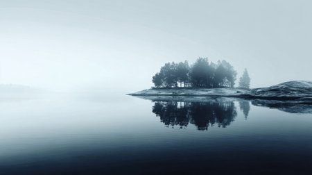 Captivating and calm misty landscape featuring a secluded island with a forest, mirrored in serene waters, evoking a tranquil and peaceful atmosphere.の素材