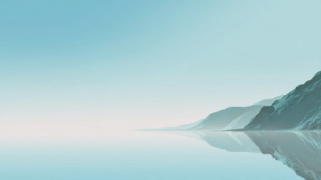 A calm coastal landscape showcasing smooth water reflecting soft blue hues of the sky, promoting a sense of tranquility and connecting with nature's beauty.の素材