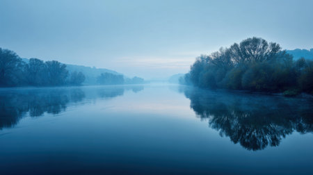 A serene river landscape captured at dawn, showcasing mist and reflections in calm water. The soft blue hues and lush trees create a peaceful and tranquil atmosphere.の素材