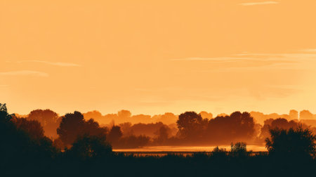 A breathtaking view of a tranquil sunset, showcasing a silhouette landscape with an orange sky reflecting on calm water, surrounded by lush trees and natural beauty.の素材