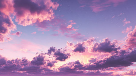 Experience the mesmerizing beauty of a pink and purple sunset filled with fluffy clouds and twinkling stars. A serene landscape perfect for relaxation and inspiration.の素材
