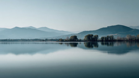 This captivating image features a calm lake at dawn, flanked by soft mountains and surrounded by a tranquil atmosphere, perfect for nature lovers and peaceful retreats.の素材
