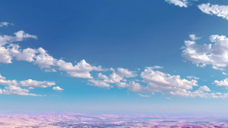 A stunning view of a clear blue sky filled with fluffy white clouds, overlooking rolling hills and a distant scenic cityscape, perfect for tranquility and exploration themes.の素材