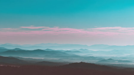 Misty mountains rise gracefully under a soft pink sky at dawn, offering a tranquil and serene landscape. Perfect for nature lovers and outdoor enthusiasts.の素材