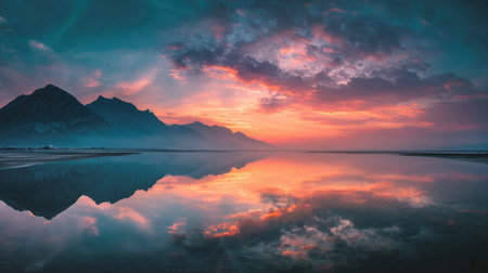 A breathtaking landscape captured during dusk, featuring vibrant colors in the sky reflected in still water. The serene mountains create a tranquil atmosphere, inviting calm contemplation.の素材
