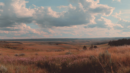 A breathtaking view of rolling hills under a cloudy sky, showcasing the beauty of nature with wildflowers and a serene atmosphere, perfect for outdoor enthusiasts.の素材