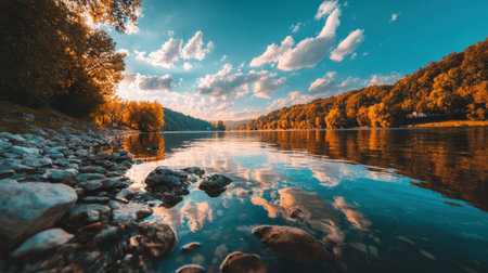 Explore a stunning river scene framed by vibrant autumn trees, where clouds artistically reflect on the clear water, evoking serenity and natural beauty.の素材
