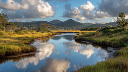 A picturesque view of a calm river reflecting clouds and hills, surrounded by lush greenery, creating a serene atmosphere perfect for nature lovers and outdoor enthusiasts.の素材