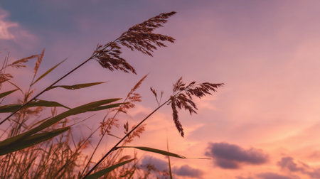 Captivating image of graceful reeds swaying gently in the breeze during a vibrant sunset, showcasing soft pastel hues and wispy clouds in a tranquil outdoor setting.の素材