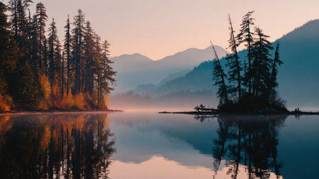 A tranquil lake scene captured during a misty morning, featuring tall evergreen trees and majestic mountains, perfect for nature lovers and outdoor enthusiasts.の素材