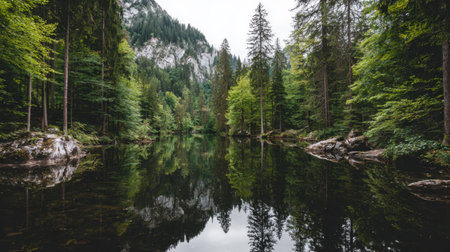 A tranquil scene showcasing a calm lake reflecting lush green trees and majestic mountains. The misty atmosphere enhances the beauty of nature and wilderness.の素材