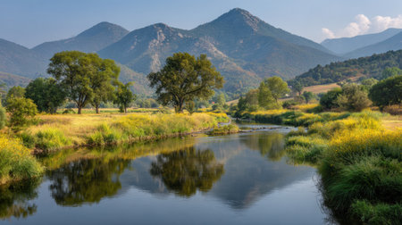 A breathtaking view showcasing a tranquil river reflecting majestic mountains and lush greenery, epitomizing the beauty of nature in a peaceful rural landscape.の素材