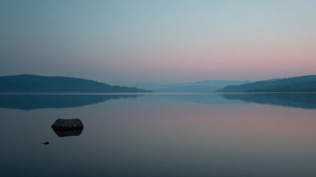 A peaceful scene capturing the serene dawn at a tranquil lake, framed by mountains and reflected in calm waters. Soft pink and blue hues create a dreamy atmosphere.の素材