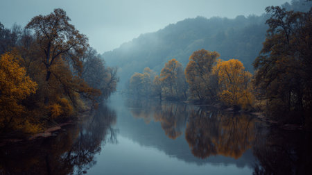 An enchanting autumn scene featuring a serene river surrounded by vibrant foliage and mist, capturing the essence of nature's beauty during early morning hours.の素材