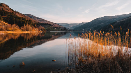 A tranquil view of a calm lake embraced by lush mountains and golden reeds, capturing the essence of nature at dusk. Perfect for serene landscape enthusiasts.の素材