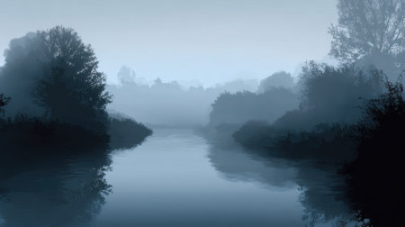 A tranquil river scene enveloped in mist captures the serene beauty of nature at dawn. Soft reflections in water enhance the calm atmosphere, creating a sense of peace.の素材