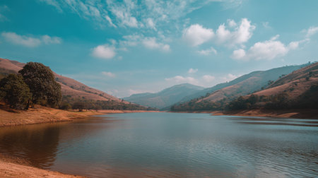 A tranquil scene displaying a serene lake surrounded by gentle hills and lush vegetation, under a bright blue sky filled with soft white clouds. Perfect for nature lovers.の素材