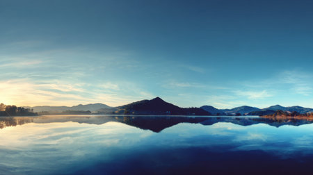 A breathtaking view of a serene lake surrounded by majestic mountains, reflecting a clear blue sky, creating a tranquil atmosphere perfect for nature lovers.の素材